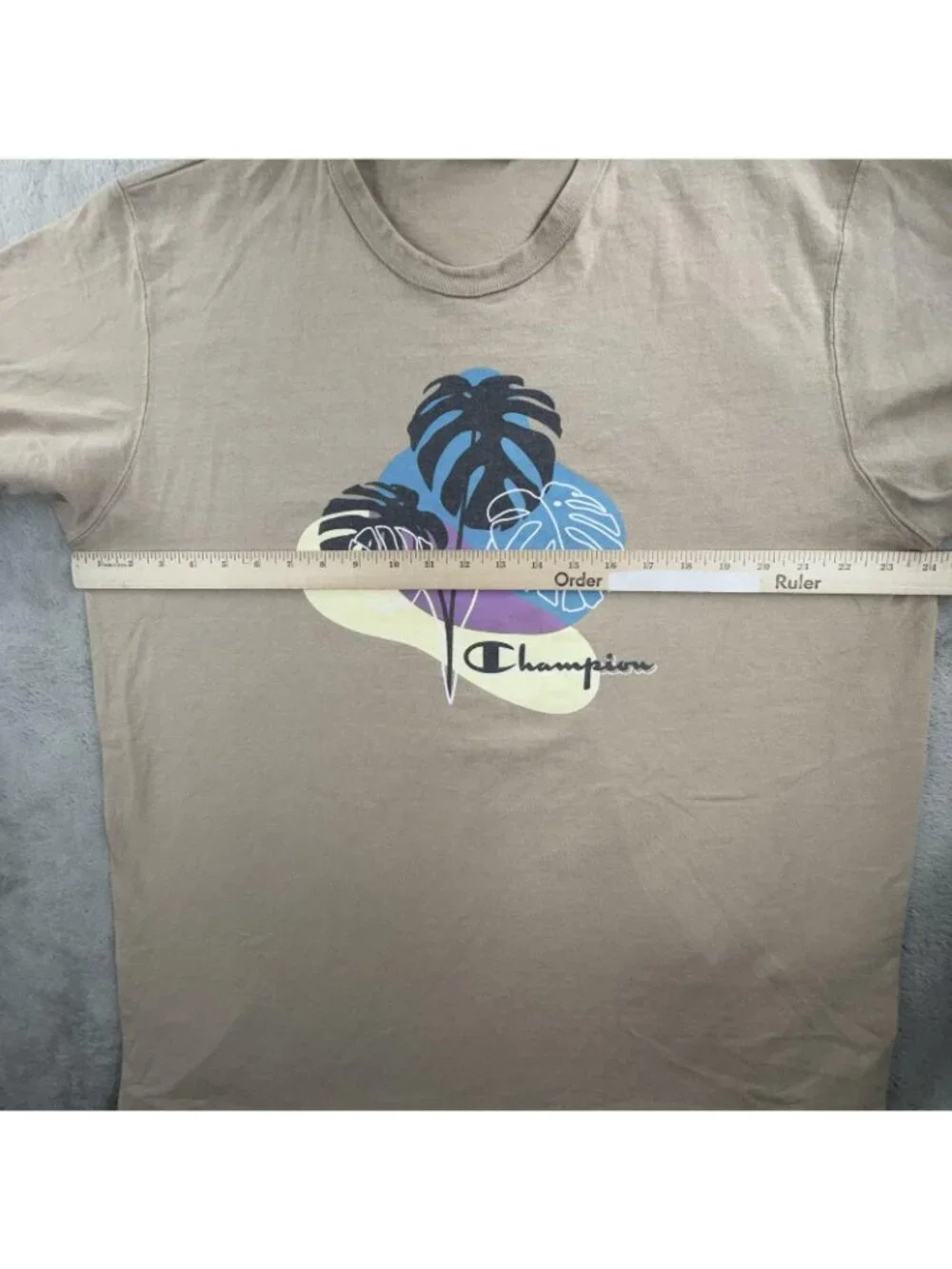 Vintage Champion Shirt Mens 2XL Beige Tropical Monstera Leaf Graphic Tee Logo - Picture 7 of 11
